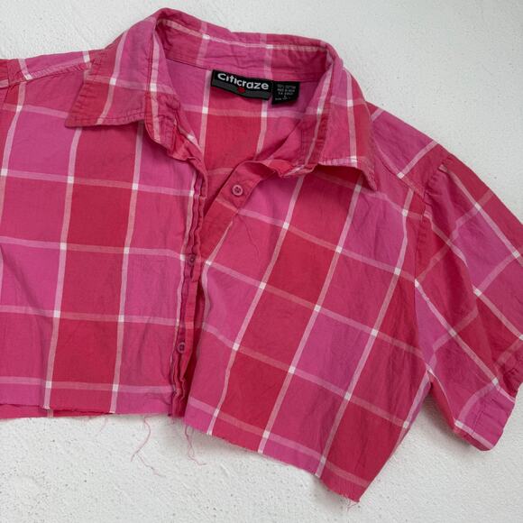 Upcycled Vintage Citicraze Pink Plaid Cropped Button Up Shirt, Size Large - Picture 7 of 8
